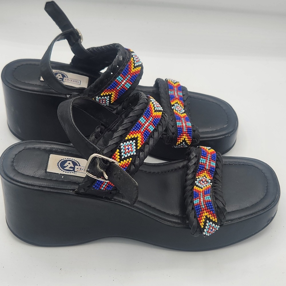 Y2K Arizona Jean Co Beaded Platform Sandals Size 10M Black Braided Straps